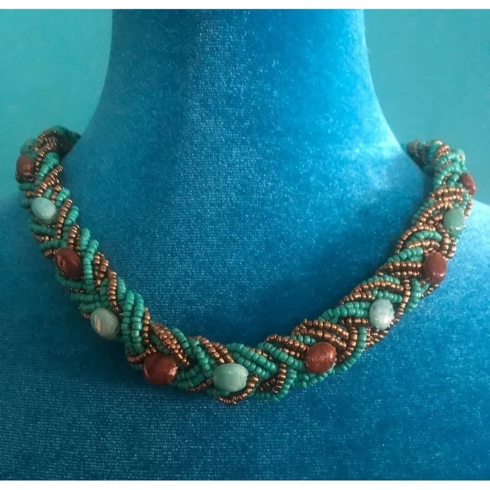 Turquoise Glass Bead Braided Necklace -- 18